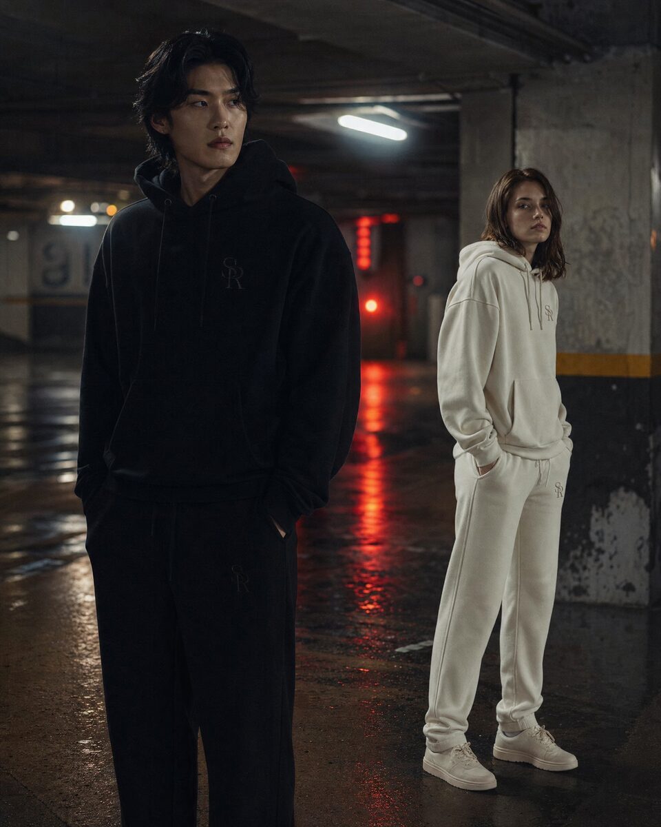 Duo Seoul Athlete, hoodies oversize noir et écru, parking